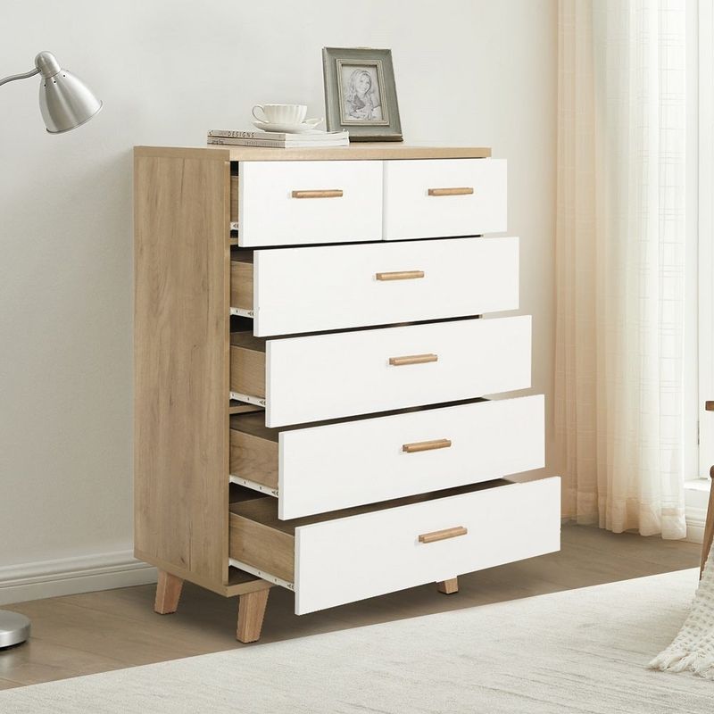6-Drawer Solid Wood Storage Cabinet Free Standing - Rosewood+White - Wood Finish
