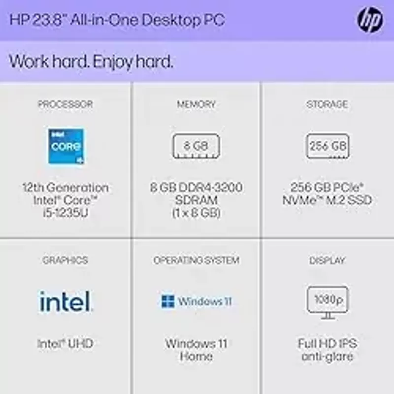 HP 24 inch All-in-One Desktop PC, FHD Display, Intel Core i5-1235U, 8 GB SDRAM, 256 GB SSD, Intel UHD Graphics, Windows 11 Home, 24-cb1210 (2024)