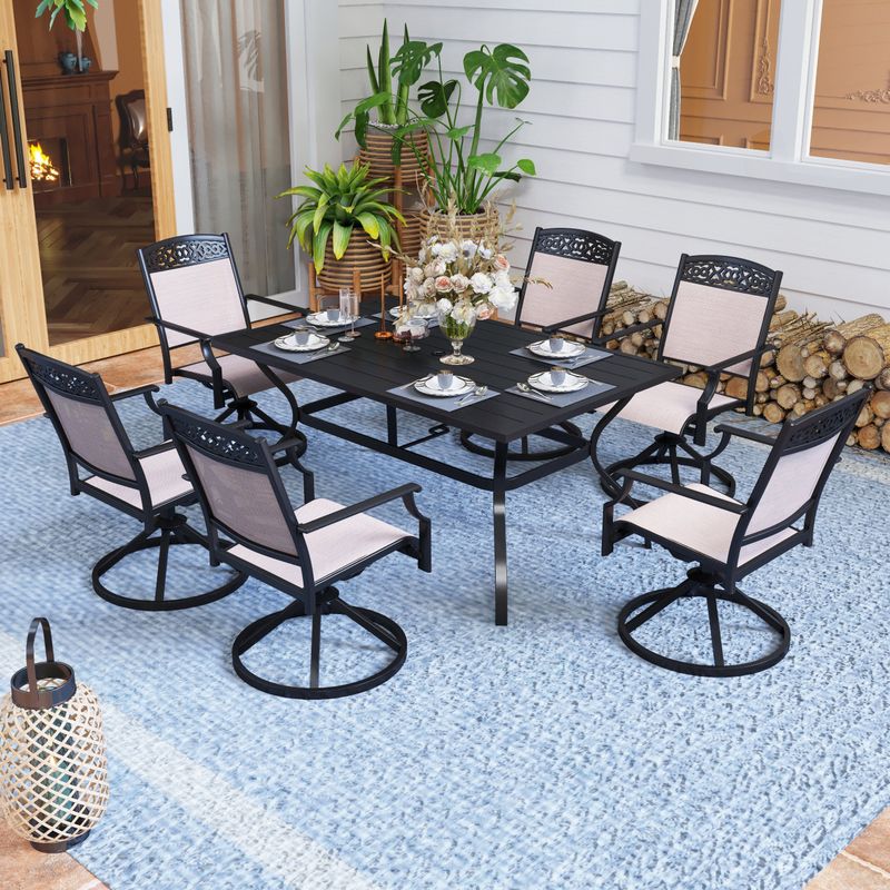 5/7-Piece Cast Aluminum Patio Dining Set wtih Stackle or Swivel Chairs and 1 Metal Table - Swivel chair + rectangular table - 5-Piece...
