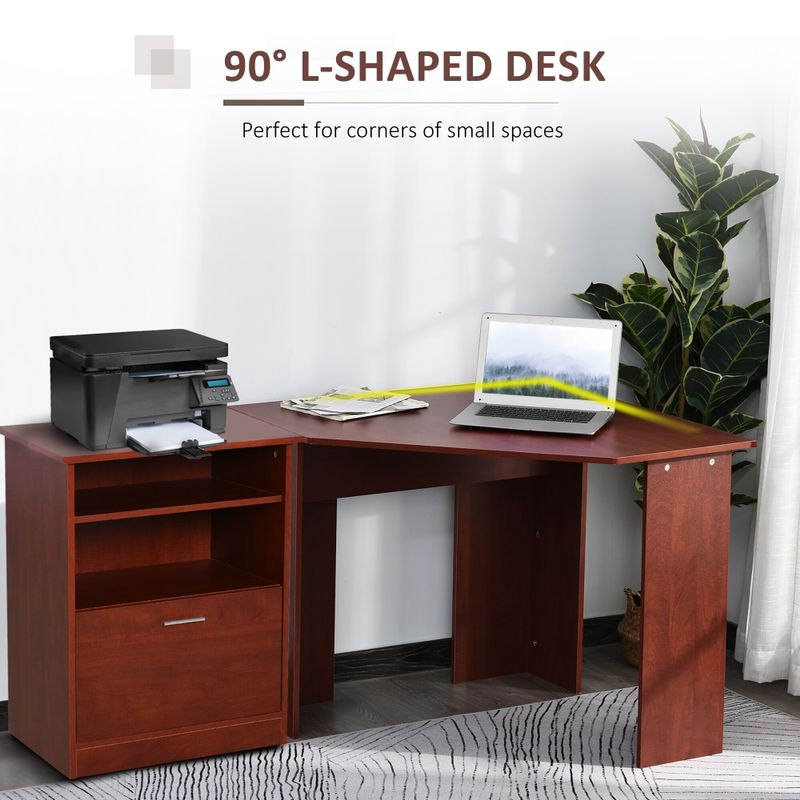 HOMCOM Computer Desk with Printer Cabinet, L-Shaped Corner Desk with Storage, Study PC Workstation for Home Office - Cherry