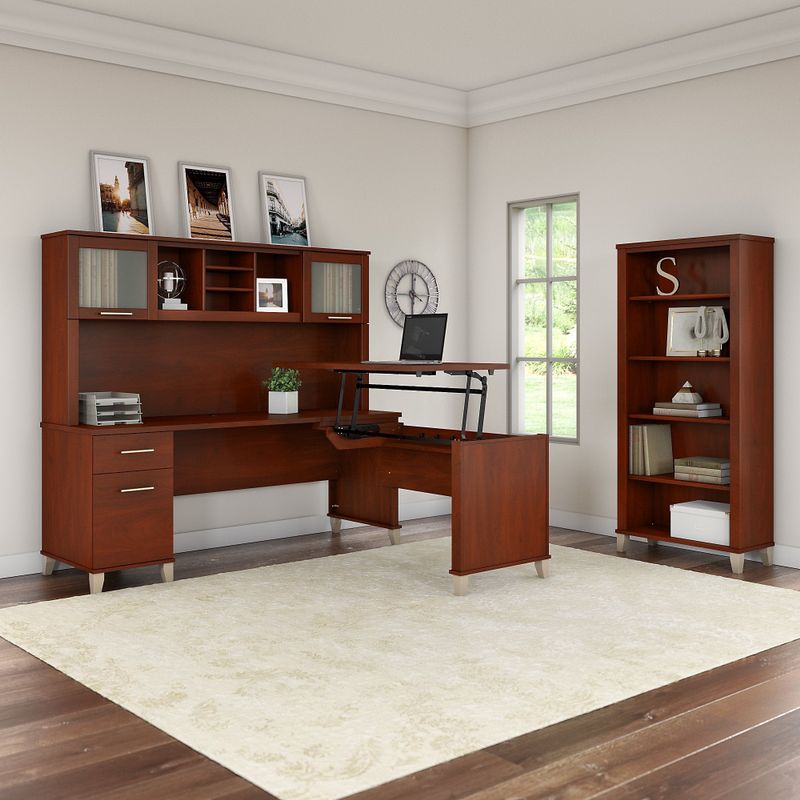 Somerset 72W Sit to Stand L-Desk with Hutch and Bookcase in Ash Gray - Maple Cross