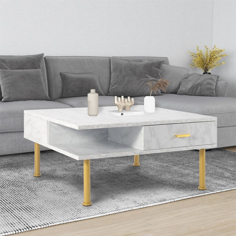 31.5 in. White Square Wood Coffee Table with 2 Drawers and Open Storage Shelf - White - MDF