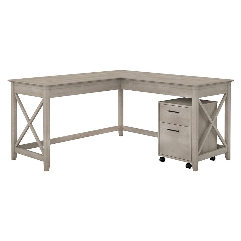 Key West 60W L Shaped Desk with Mobile File Cabinet by Bush Furniture - Shiplap Gray/Pure White