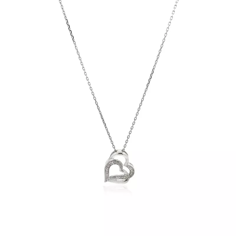 Sterling Silver Dual Heart Motif Pendant with Diamonds (.06 cttw) (18 Inch)