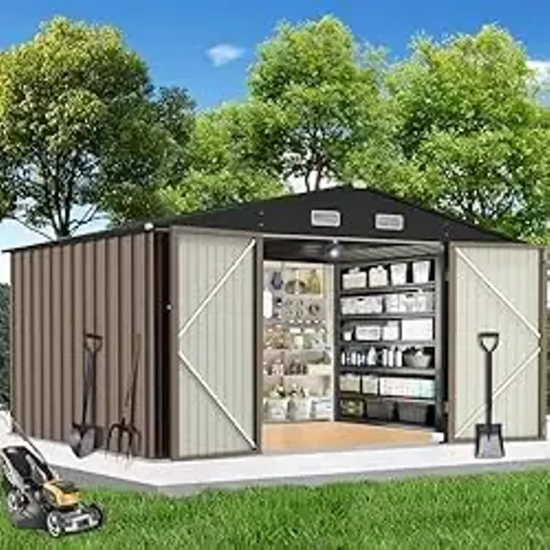 10.4'x12' Outdoor Storage Shed, Large Garden Shed, with Slooping Roof and 4 Vents. Updated Reinforced and Lockable Doors Frame Metal Storage Shed for Patiofor Backyard, Patio, Garage, Lawn, Brown
