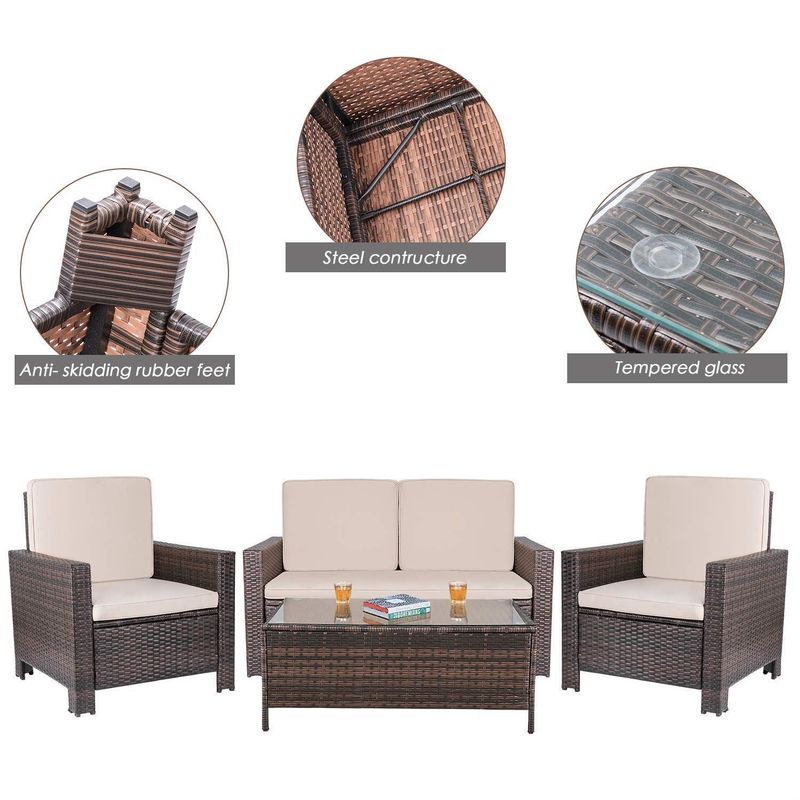 Homall 4 Pieces Outdoor Patio Furniture Sets Rattan Chair - Brown/Blue