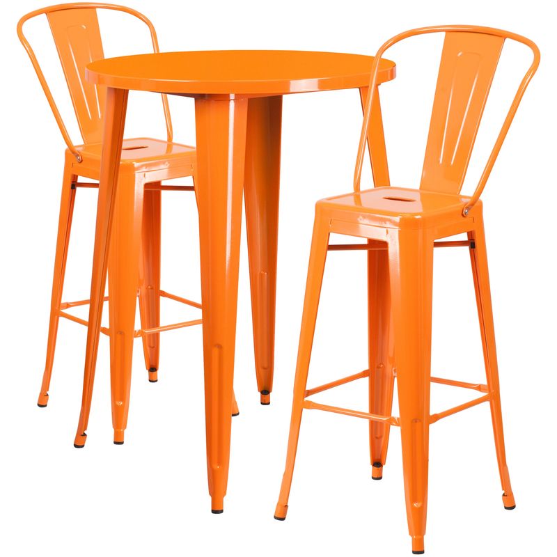 30'' Round Metal Indoor-Outdoor Bar Table Set with 2 Cafe Stools - 30"W x 30"D x 41"H - Orange