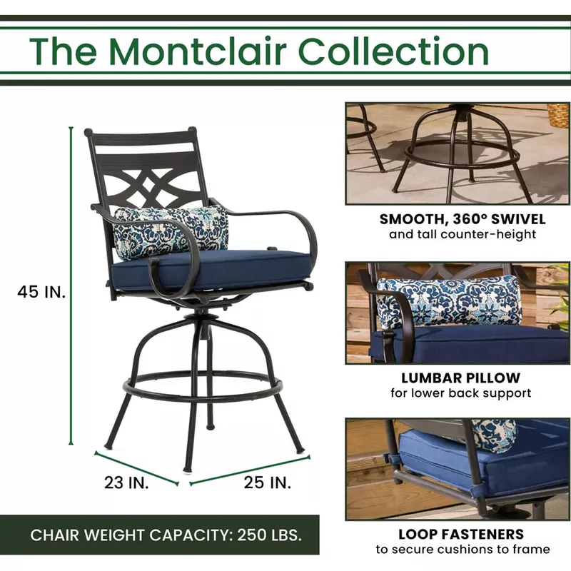 Montclair 5pc High Dining: 4 Swivel Chairs, 33" Square High Table, Umbrella & Base