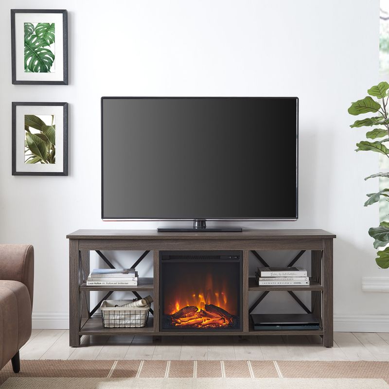 Sawyer TV Stand with Log Fireplace Insert - White Oak