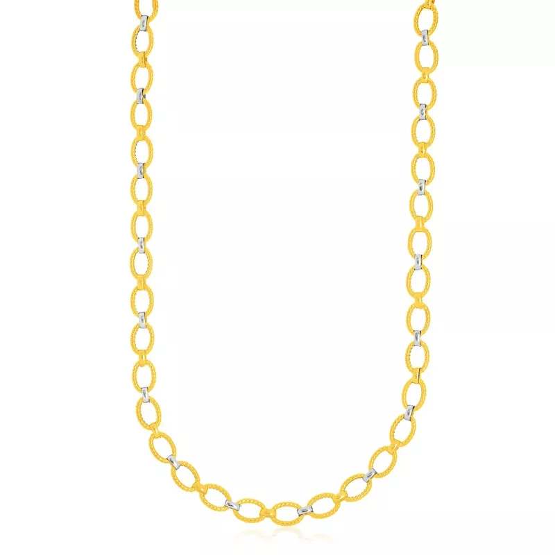14k Two Tone Gold Multi Textured Oval Link Fancy Necklace (18 Inch)
