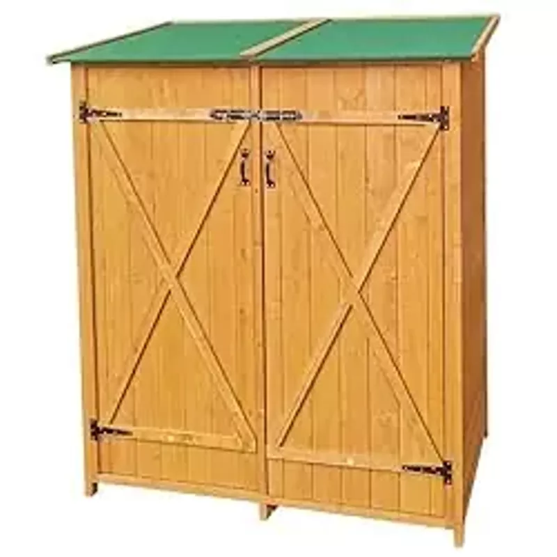 Outdoor Storage Shed with 2 Lockable Latches Door, 3 Compartments and Open Space, Wooden Garden Tool Cabinet w/Weather-Resistance Pitch Roof, for Patio Backyard, Long-Handled & Small Tools, Natural