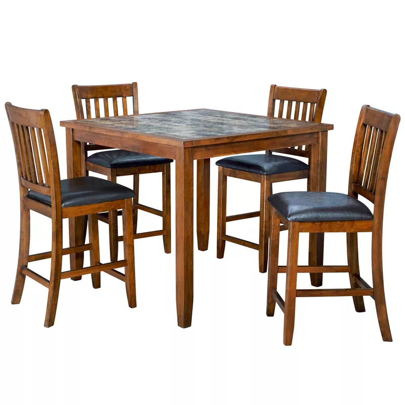 Kaelam 5-Piece Brown Square Faux Marble Counter Height Dining Room Set for 4