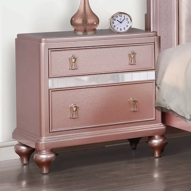 Contemporary Solid Wood 2-Drawer Nightstand in Rose Gold