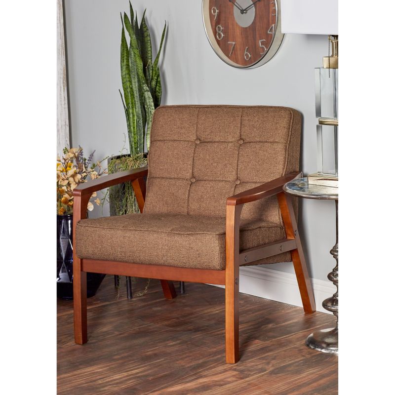 Traditional Wood and Fabric Brown Tufted Cushioned Armchair