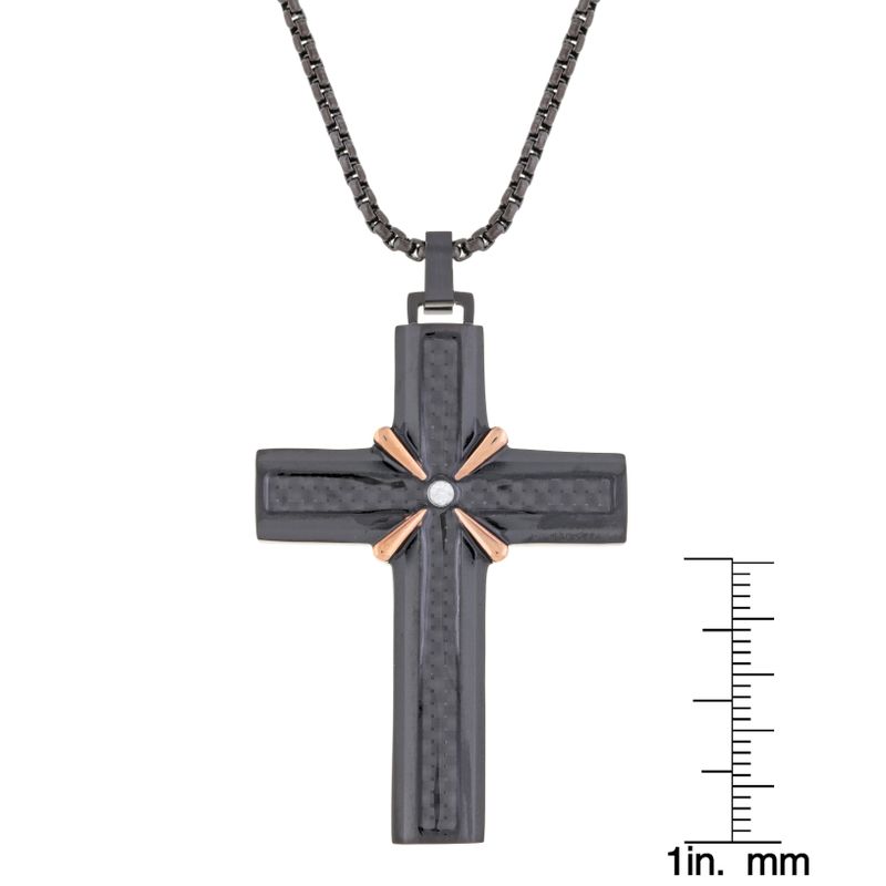 Black and Rose Ion Plated Stainless Steel Carbon Fiber Cross Pendant with Cubic Zirconia Center on 24" Black Round Box Chain