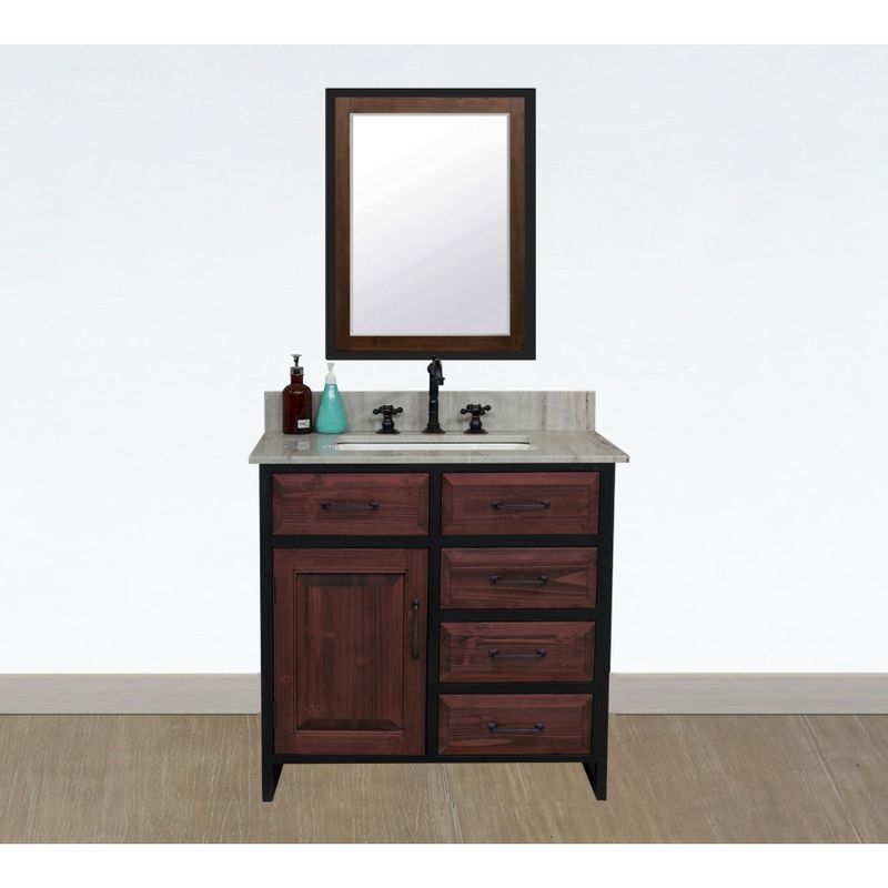 36"Rustic Solid Fir Single Sink Iron Frame Vanity in Brown-Driftwood Finish with Marble Top-No Faucet - Oval - Carrara White Marble Top