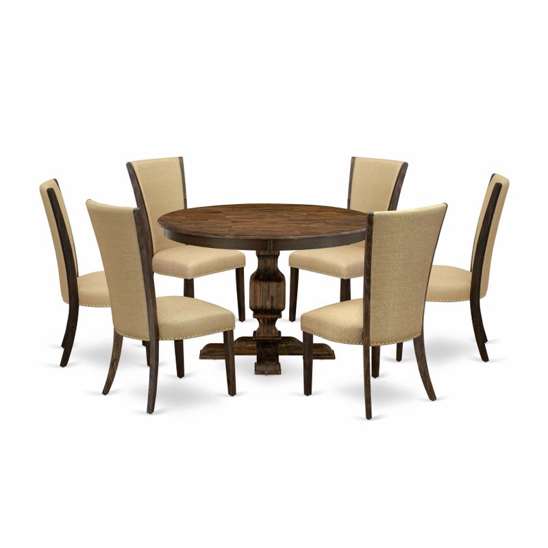 Kitchen Table Set - Pedestal Table and Brown Modern Parson Chairs with High Back - Distressed Jacobean Finish (Pieces Option) - F3VE5-703