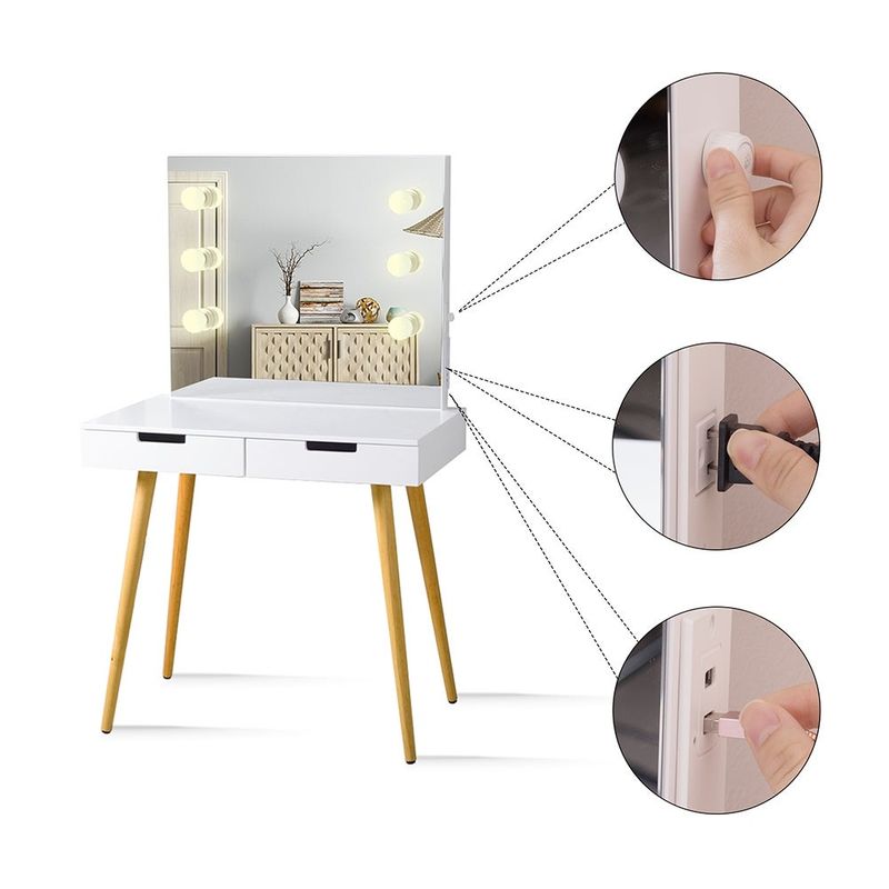 Wooden Dressing Table with LED Lights, Makeup Table with 2 Drawers - White