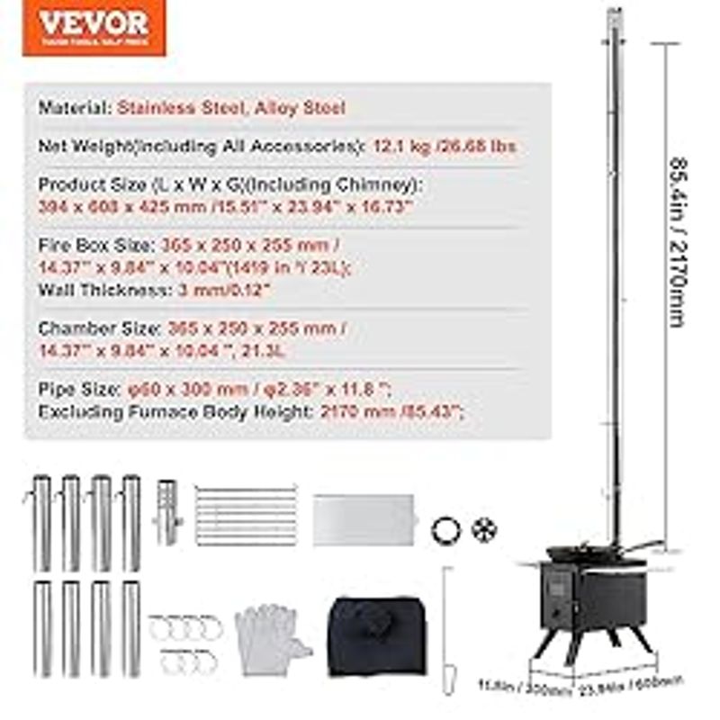 VEVOR Camping Wood Stove Alloy Steel Camping Tent Stove, Portable Wood Burning Stove with Chimney Pipes & Gloves, 1400inFirebox Hot Tent...