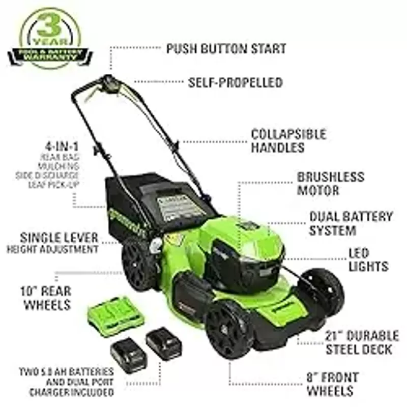 Greenworks - 24V (2x24V) 21-Inch Self-Propelled Lawn Mower (2 x 5.0Ah Batteries and Charger Included) - Green