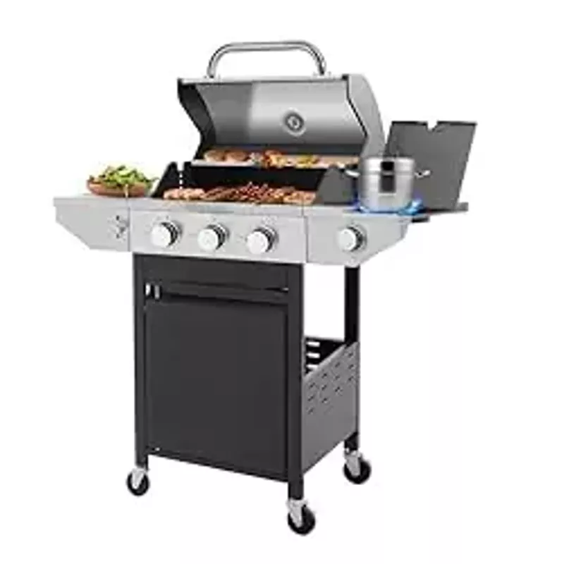 Lyromix Large BBQ Grill Propane with 3-Burners and Side Burner, Outdoor Gas Grill with Porcelain-Enameled Cast Iron Grates, Stainless Steel Camping Barbecue Griddle for Patio, Party, 37000 BTU