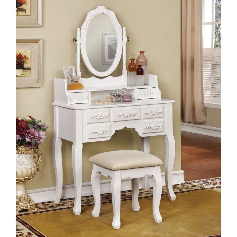 Furniture of America Mayla Elegant Traditional 2-piece Vanity Table and Stool Set - Silver