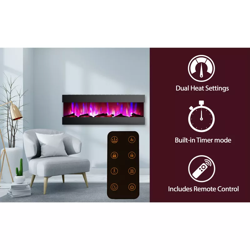60-In. Recessed Wall Mounted Electric Fireplace with Logs and LED Color Changing Display, Black