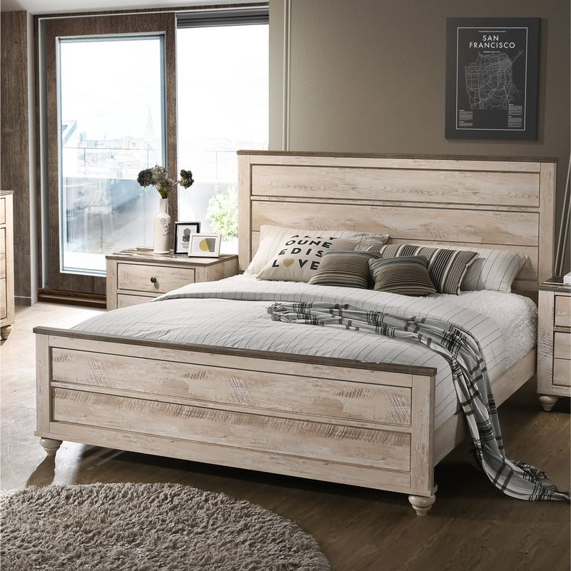 Roundhill Furniture Imerland Contemporary White Wash Finish 4-Piece Bedroom Set, Queen - White-Wash - Queen - 4 Piece