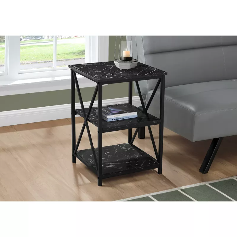 Accent Table/ Side/ End/ Nightstand/ Lamp/ Living Room/ Bedroom/ Metal/ Laminate/ Black Marble Look/ Contemporary/ Modern