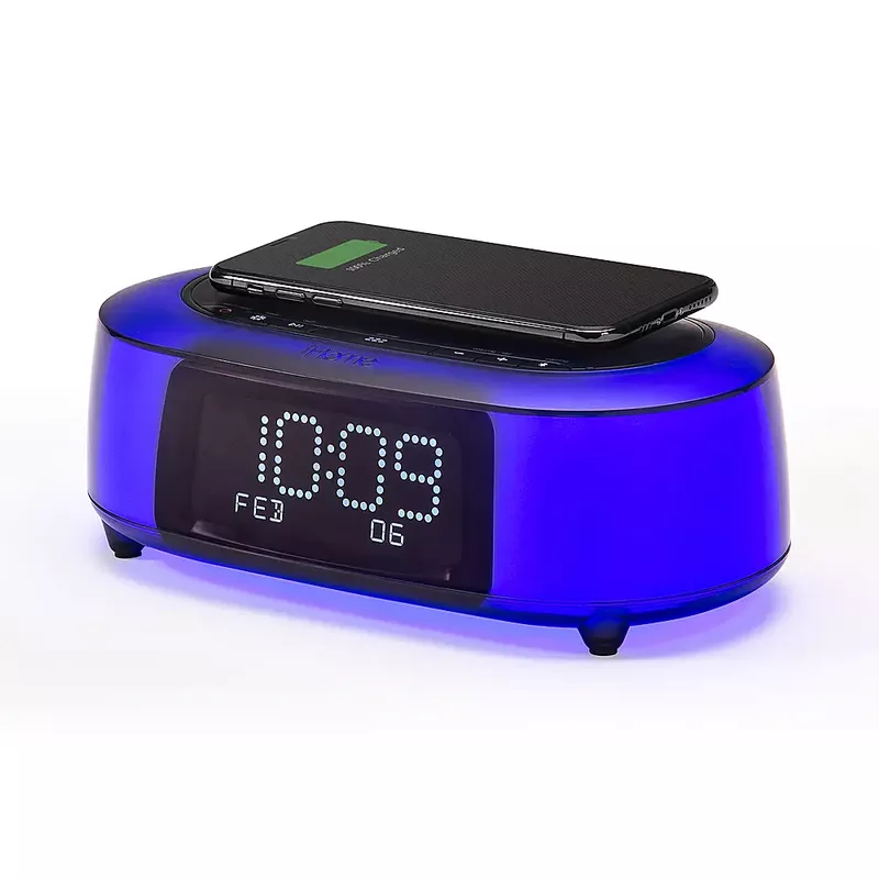 iHome - TimeBoost Glow - Color Changing Bluetooth Alarm Clock Speaker System with Qi Wireless Fast Charging and USB Charging - Black