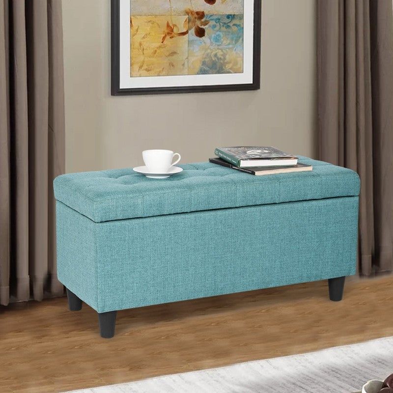 Adeco Storage Ottoman Bed Bench Fabric Tufted Upholstered Foot Stool - Teal