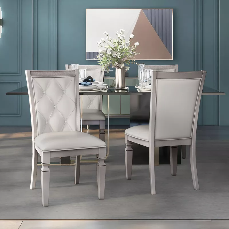 Transitional Faux Leather Tufted Side Chairs in Silver (Set of 2)