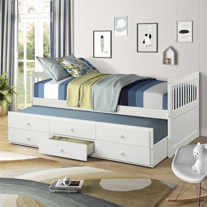 Rent to own Bed with Trundle and 3 Storage Drawers (Twin Size, White
