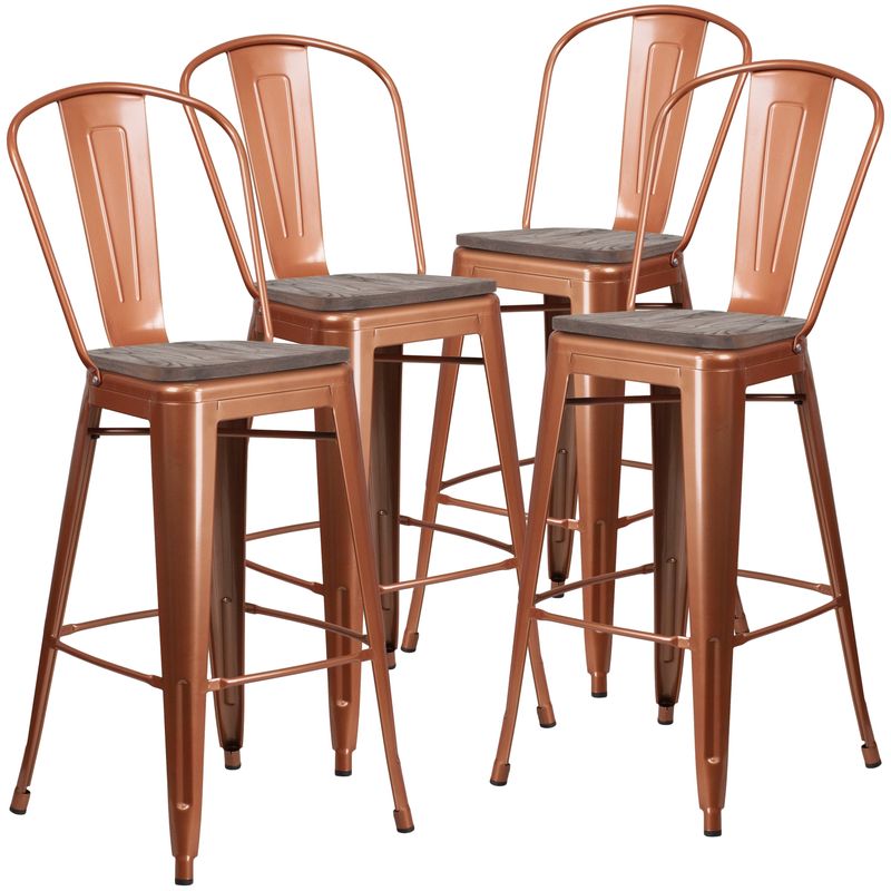 4 Pk. 30" High Metal Barstool with Back and Wood Seat - Copper