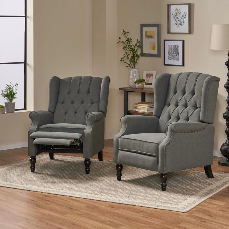 Walter Tufted Fabric Recliner (Set of 2) by Christopher Knight Home - Light Sky + Dark Brown