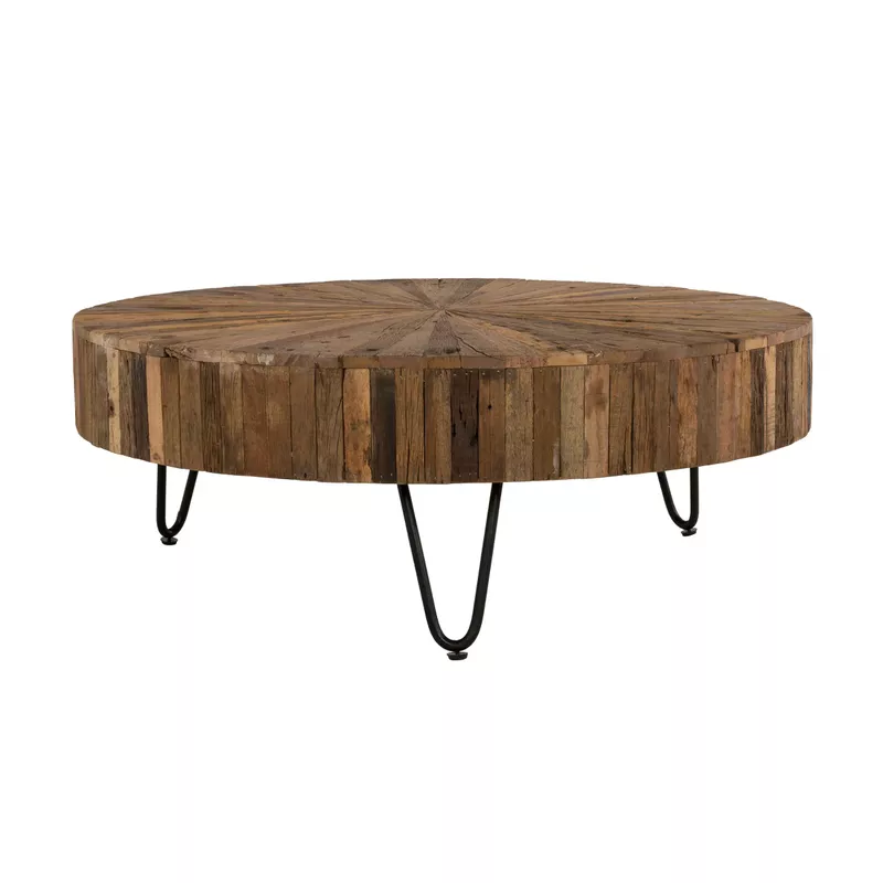 Sawyer 42 in. Round Reclaimed Wood Coffee Table with Black Hairpin Legs