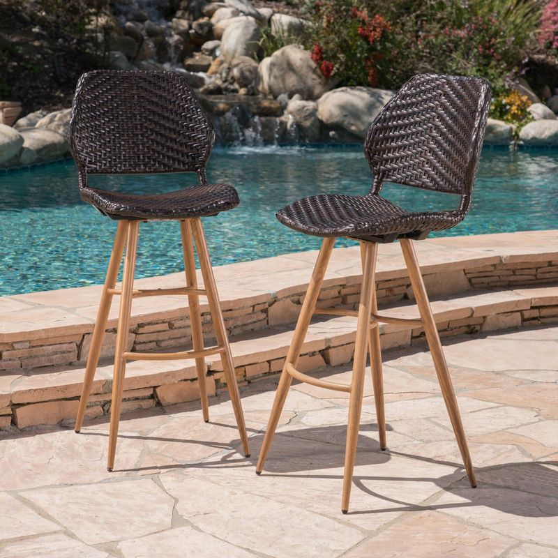 Laryn Outdoor Wicker Wood Barstool (Set of 2) by Christopher Knight Home - Multibrown