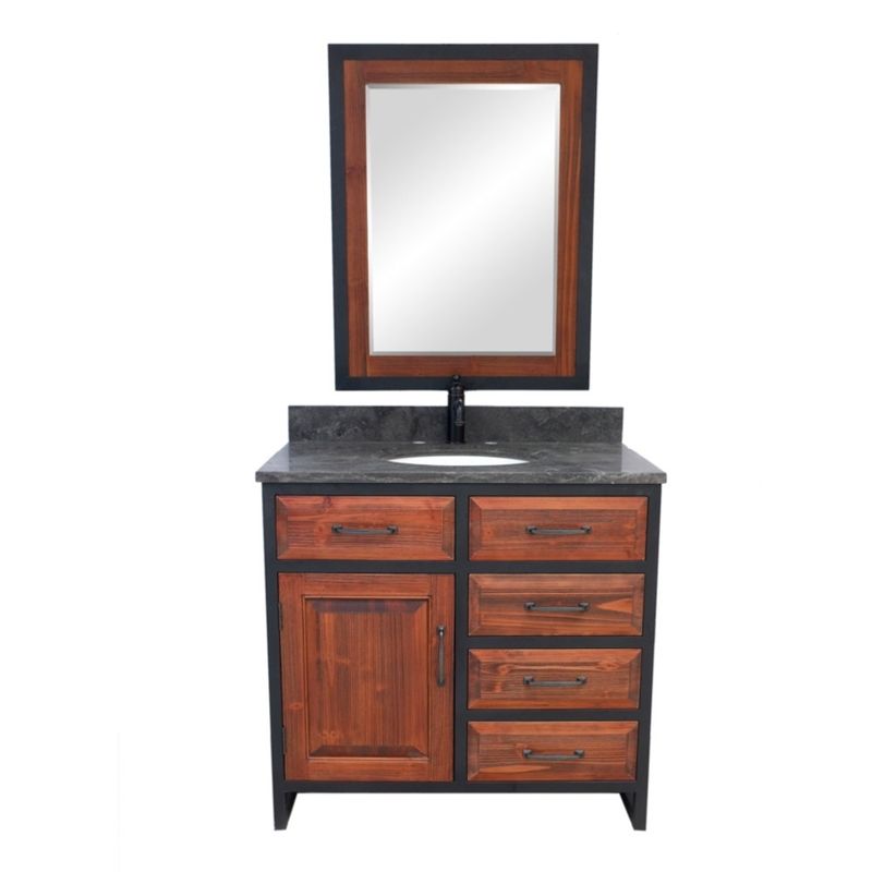 36"Rustic Solid Fir Single Sink Iron Frame Vanity in Brown-Driftwood Finish with Marble Top-No Faucet - Oval - Stone