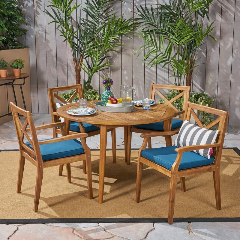 Pines Outdoor 5 Piece Acacia Wood Dining Set with Cushions by Christopher Knight Home - Grey
