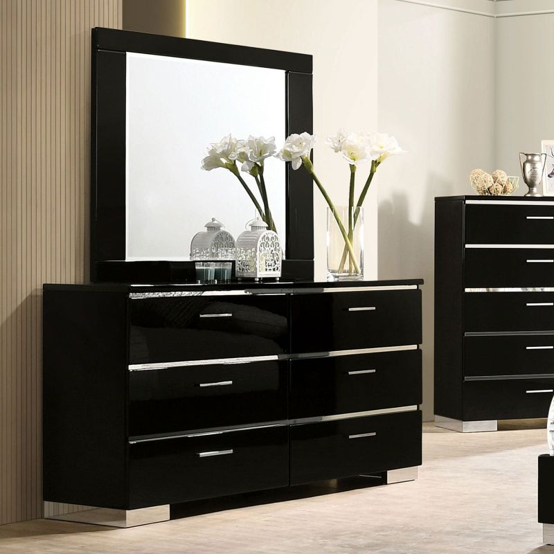 Metal and Wood Dresser with 6 Drawers in Black Finish - Black, Chrome - 6-drawer