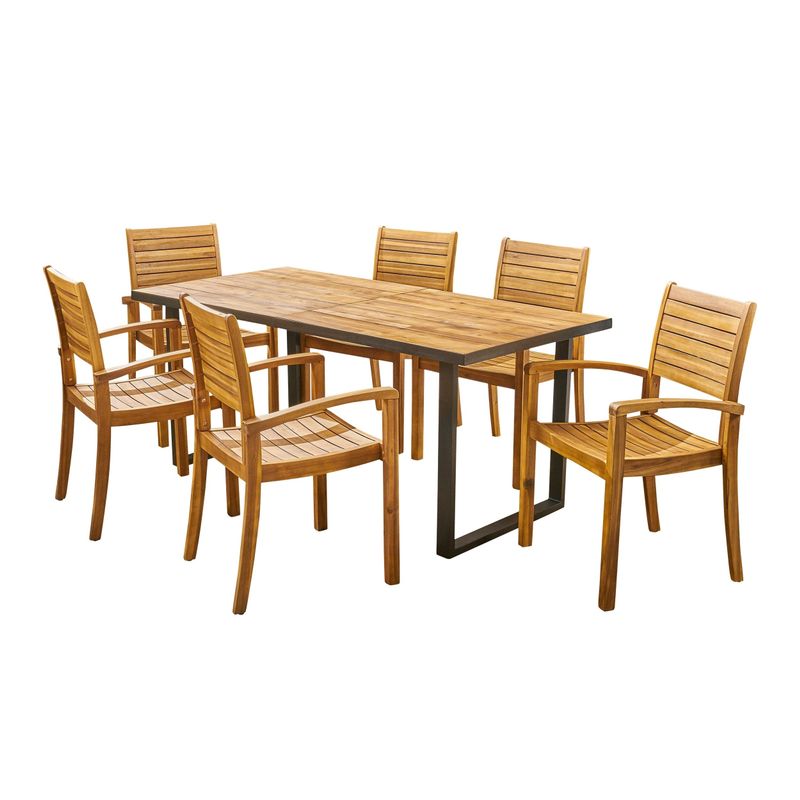 Alderson Outdoor 6-Seater Rectangular Acacia Wood Dining Set by Christopher Knight Home - teak finish + black