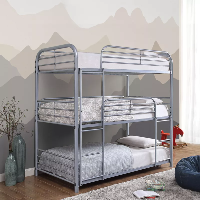 Industrial Metal Twin Triple Bunk Bed in Silver