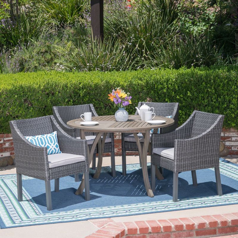 Kingston Outdoor 5 Piece Acacia Wood and Wicker Dining Set by Christopher Knight Home - Beige/Teak/multi brown