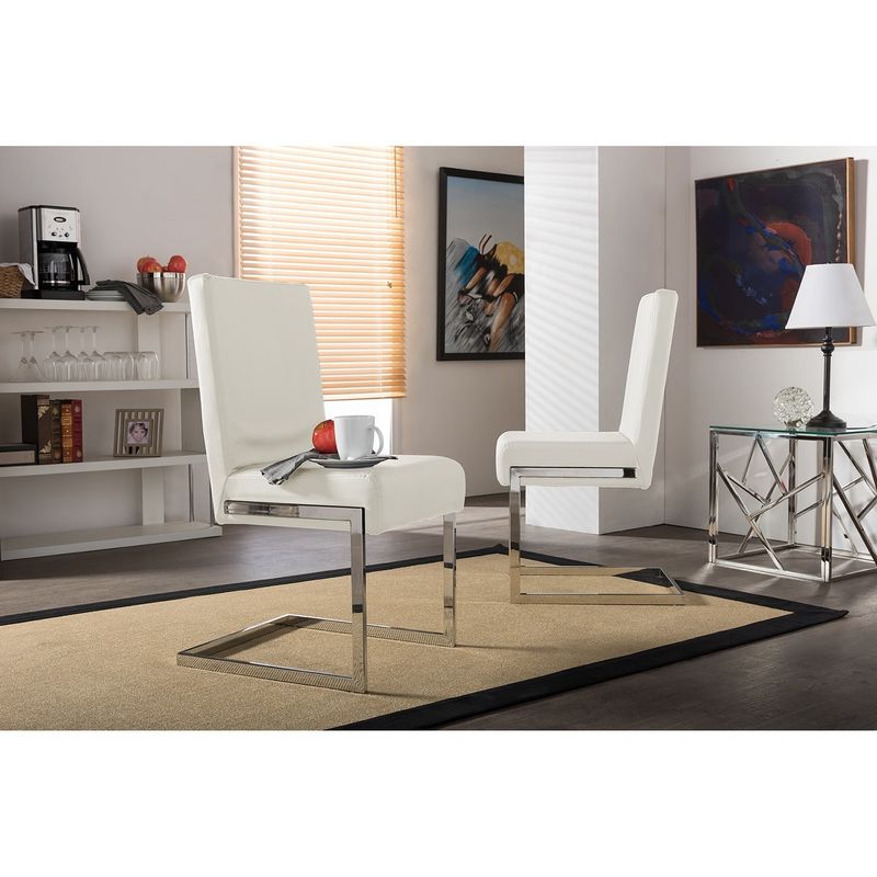 Set of 2 Greer Contemporary White PU Leather Upholstered Armless Dining Chairs With Stainless Steel Base - Dining Chair-White