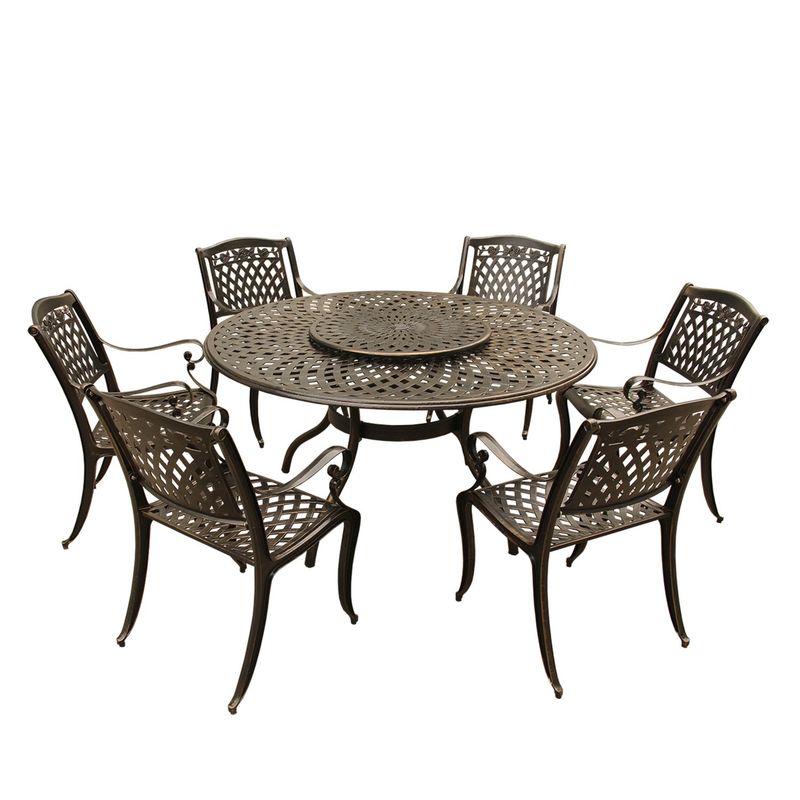 Outdoor Lattice 59-in. Round Dining Set with Lazy Susan and Six Chairs - Bronze