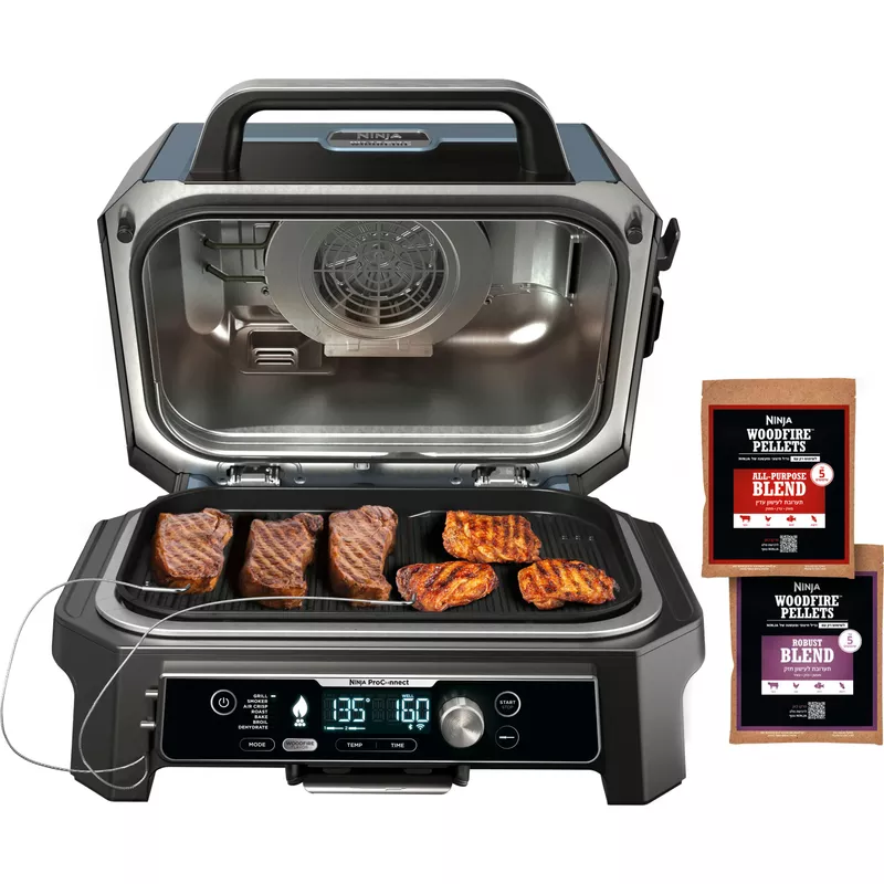 Ninja - Woodfire ProConnect Premium XL Outdoor 7-in-1 Grill & Smoker, App Enabled, Air Fryer, 2 Built-In Thermometers - Blue