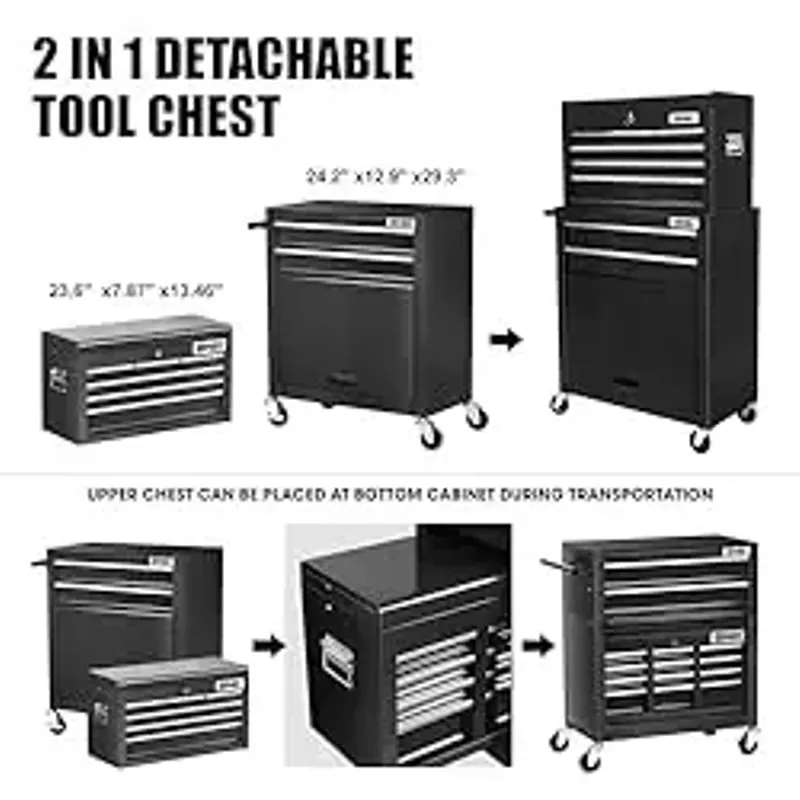 DNA MOTORING 2 Pcs Combination Tool Rolling Cabinet 2-in-1 Detachable Toolbox Organizer Chest High Capacity Storage for Garage Workshop, Black, TOOLS-00424