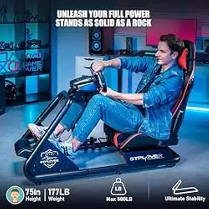 GTPLAYER Racing Simulator Cockpit with Seat and Bluetooth Speakers, Racing Style Reclining Seat and Ultra-Sturdy Alloy Steel Frame (Red)