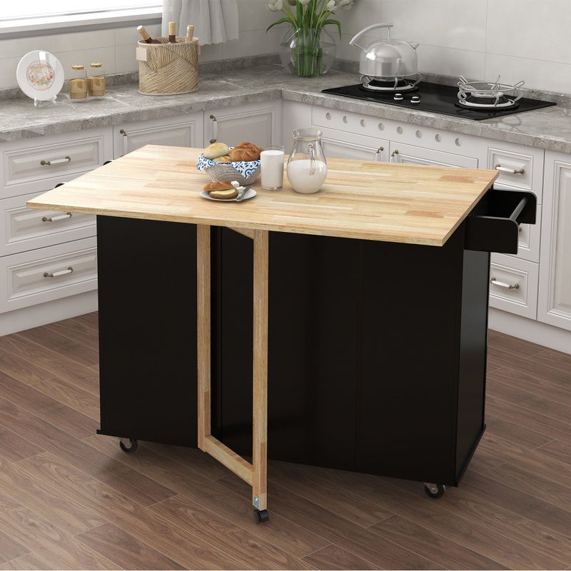 Nestfair Kitchen Island with Spice Rack Towel Rack and Extensible Solid Wood Top - Black