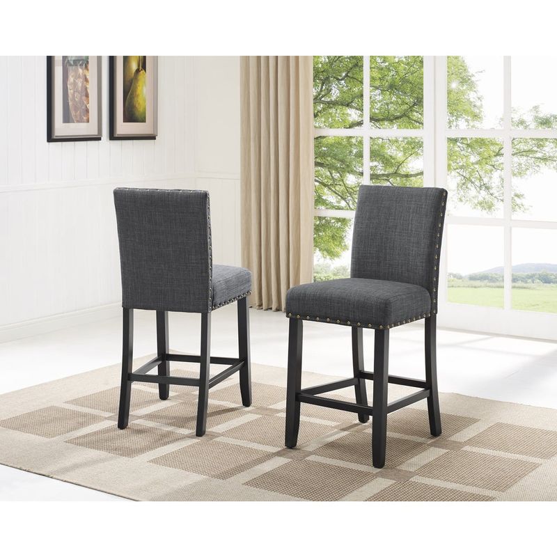 Roundhill Furniture Biony Espresso Wood Counter Height Dining Set with Fabric Nailhead Stools - Grey